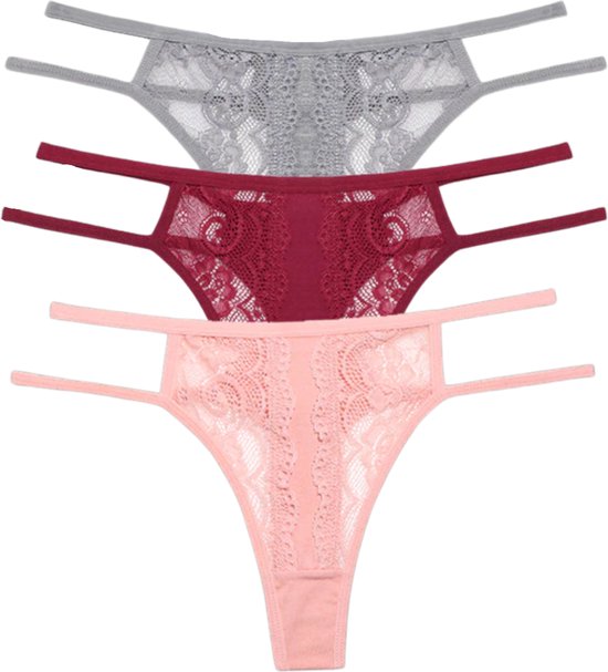 [EOL] Sexy Dames String met Kant - 3 Pack met Grijs, Rood & Roze - Vrouwen Lingerie / Ondergoed Set - Maat M