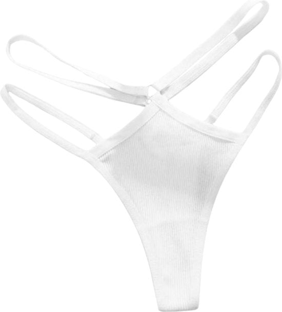 Sexy String met Dubbele Bandjes - Wit - Ontwerp met Ribstof en Dubbele Bandjes - Sexy Design - Dames Onderbroek - Lingerie / Ondergoed - Maat M