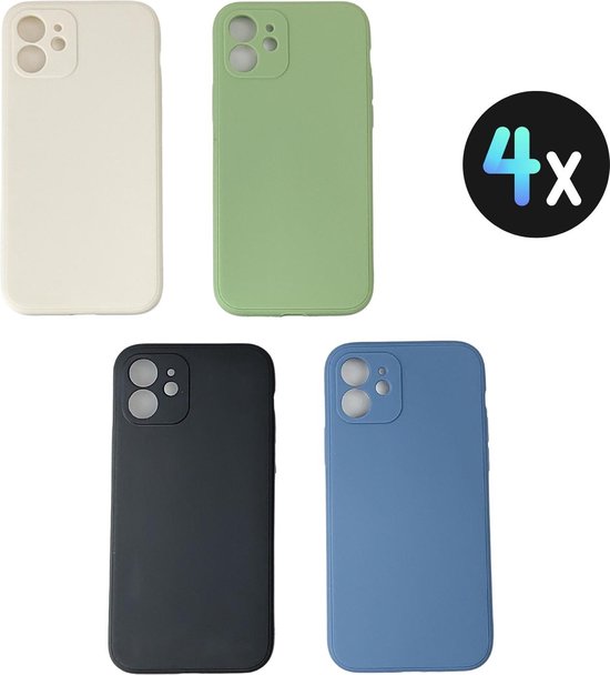 [EOL] 4-PACK - Hoesje Geschikt voor iPhone 12 - 4x Siliconen Shock Proof Case - Stevige TPU Cover - Multipack met Groen, Blauw, Zwart en Wit