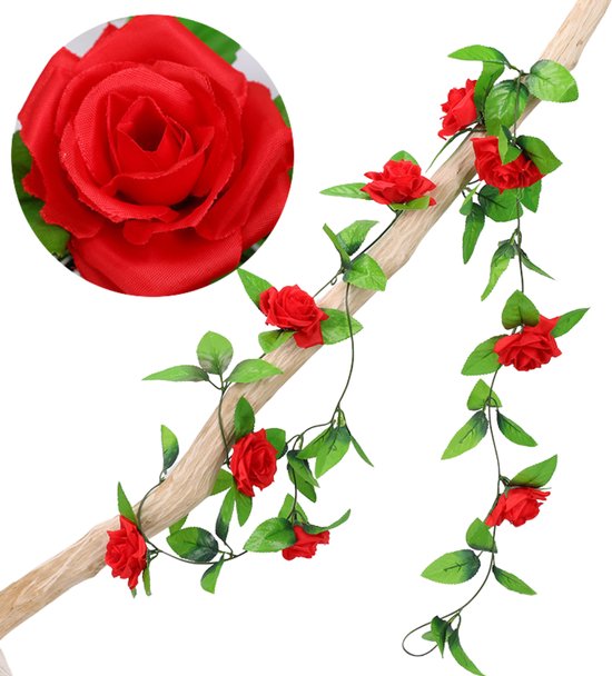 Bloemenslinger Rozen Fiets Rood - Stijlvolle Bloemenstreng voor Fietsmand of Stuur - 220 CM Bloemen - Plastic Kunstbloemen Fiets Slinger