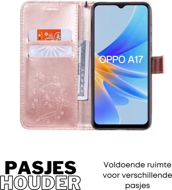 Hoesje Vlinders Roze - Geschikt voor OPPO A17 - Portemonnee Book Case - Boekje Met Kaarthouder / Pasjeshouder en Magneetsluiting - Booklet Beschermhoes - Boekhoesje met Draagkoord