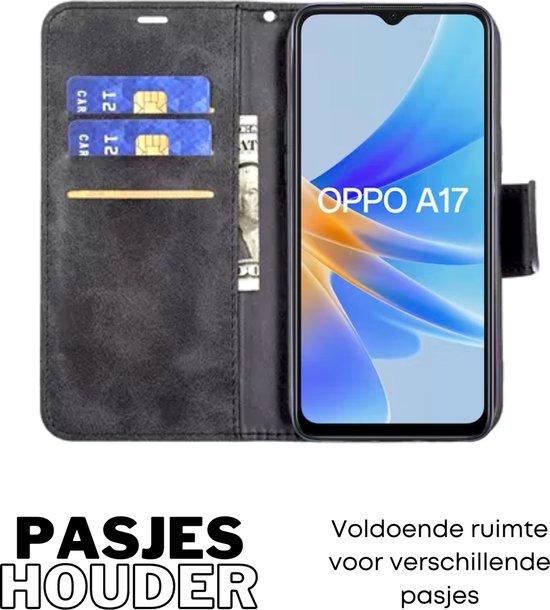 Hoesje Zwart - Geschikt voor OPPO A17  - Portemonnee Book Case - Boekje Met Kaarthouder / Pasjeshouder en Magneetsluiting - Booklet Beschermhoes - Boekhoesje met Draagkoord