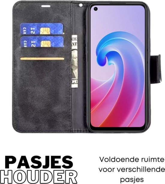 [EOL] Hoesje Zwart - Geschikt voor OPPO A76 / A96 - Portemonnee Book Case - Boekje Met Kaarthouder / Pasjeshouder en Magneetsluiting - Booklet - Wallet Beschermhoes Kunstleer