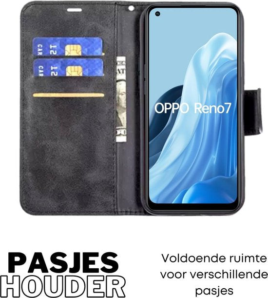 [EOL] Hoesje Zwart - Geschikt voor OPPO Reno 7 4G - Portemonnee Book Case - Boekje Met Kaarthouder / Pasjeshouder en Magneetsluiting - Booklet - Wallet Beschermhoes Kunstleer