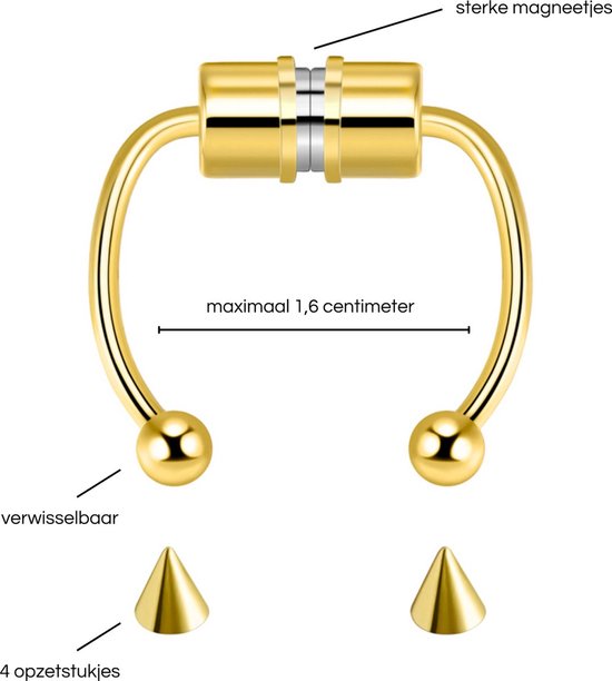 Fake Neuspiercing Goud - Magnetisch - 4 Verwisselbare Opzetstukjes - Neusring - Nep Septum Piercing - Ringetje Goudkleurig - RVS Roestvrij Staal