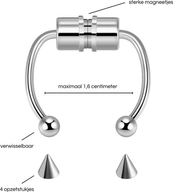 Fake Neuspiercing Zilver - Magnetisch - 4 Verwisselbare Opzetstukjes - Neusring - Nep Septum Piercing - Ringetje Zilverkleurig - RVS Roestvrij Staal