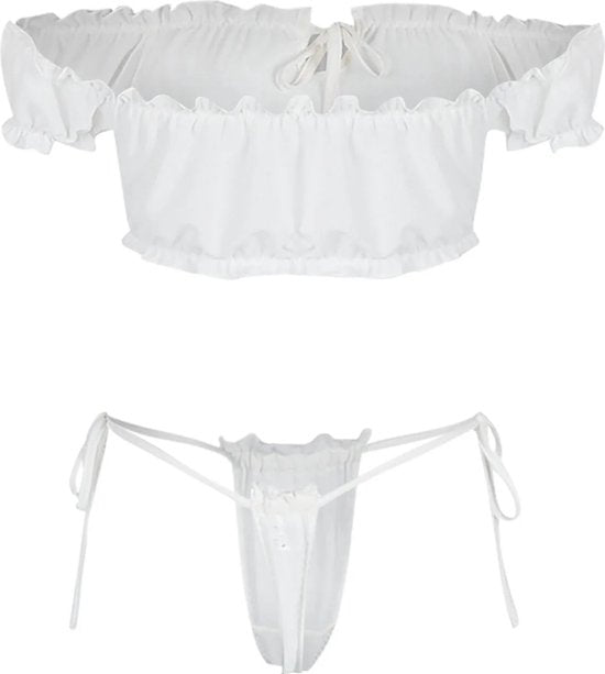 Transparante Lingerieset Topje & String - Wit - Doorzichtige Bralette en Slip - Mesh - Dames Lingerie - Ondergoed - Maat L