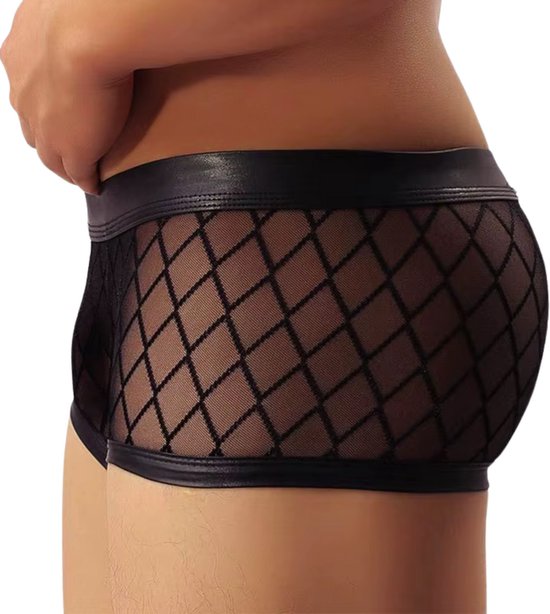 Heren Boxershort Transparant - Boxer Doorzichtig Zwart met Witte Band - Sexy Transparant Design met Ruitmotief - Mannen Onderbroek - Lingerie Voor Mannen - Ondergoed Maat M