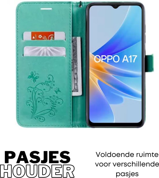 Hoesje Vlinders Groen - Geschikt voor OPPO A17 - Portemonnee Book Case - Boekje Met Kaarthouder / Pasjeshouder en Magneetsluiting - Booklet Beschermhoes - Boekhoesje met Draagkoord