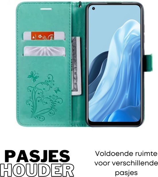 [EOL] Hoesje Vlinders Groen - Geschikt voor OPPO Reno 7 4G - Portemonnee Book Case - Boekje Met Kaarthouder / Pasjeshouder en Magneetsluiting - Booklet Beschermhoes
