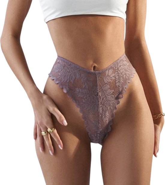 [EOL] High Waist Dames String met Kant - Nude - Vrouwen Lingerie / Ondergoed - Maat L