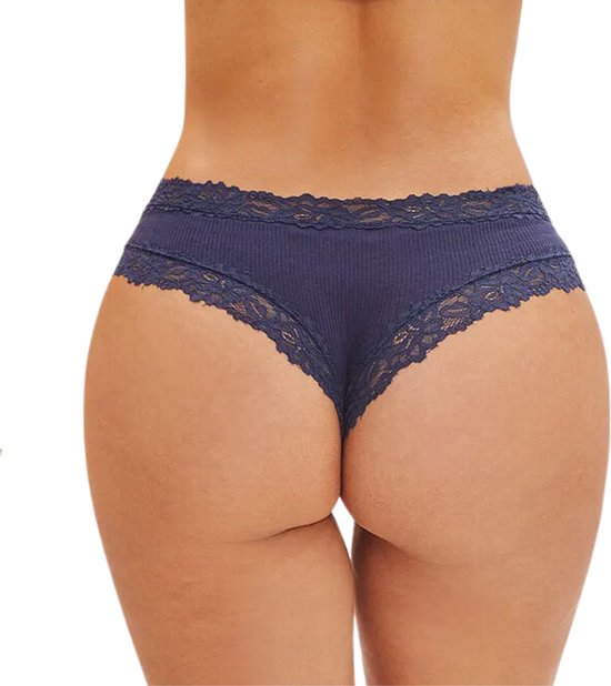 [EOL] Sexy Dames Slip met Kant - Blauw - Onderbroek 95% Katoen - Dames Lingerie / Ondergoed - Brazilian String - Maat M