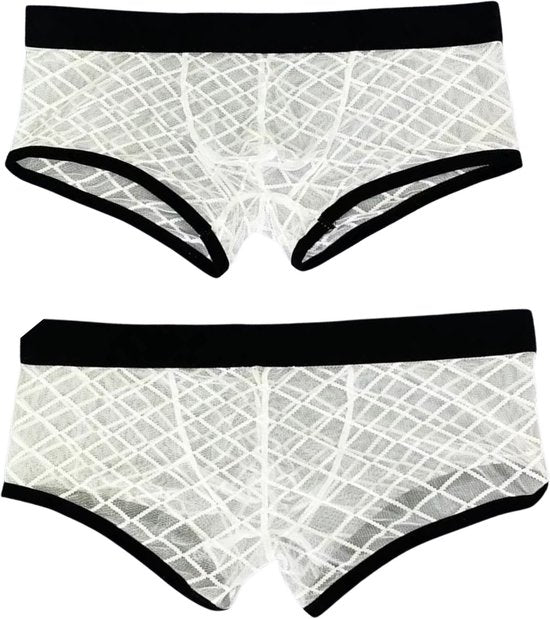 Heren Boxershort Transparant - Boxer Doorzichtig Wit met Zwarte Band - Sexy Transparant Design met Ruitmotief - Mannen Onderbroek - Lingerie Voor Mannen - Ondergoed Maat M
