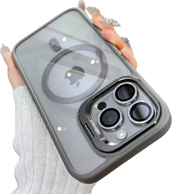 Ultra Shockproof Hoesje - Geschikt voor Apple Iphone 14 Pro Max - Transparant Natural Titanium - Met Camera Protectors en Statief - Magneet Ring Hoesje - Anti Yellowing Achterkant - Magneet Compatible