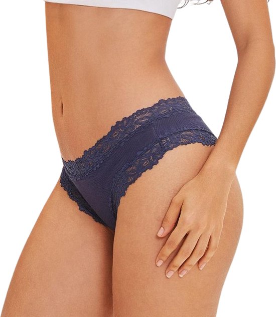 [EOL] Sexy Dames Slip met Kant - Blauw - Onderbroek 95% Katoen - Dames Lingerie / Ondergoed - Brazilian String - Maat L