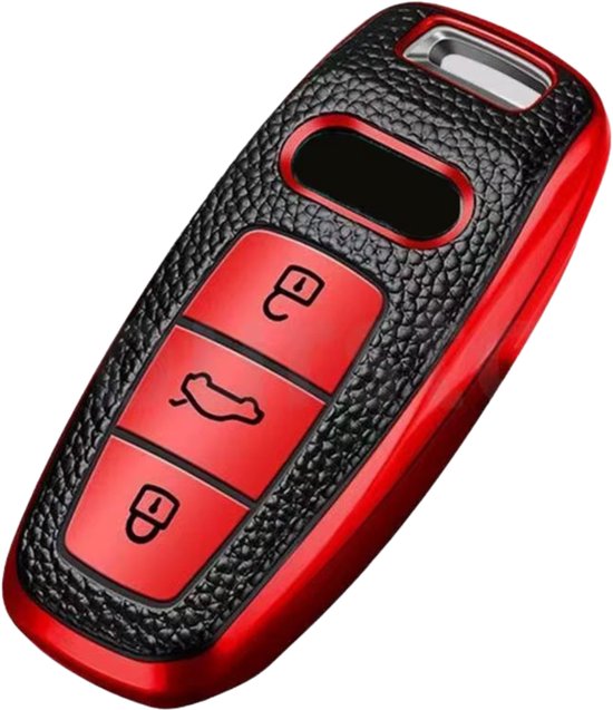 Kunst Leren Sleutelcover - Sleutelhoesje Geschikt voor Audi A3 / A4 / B9 / A6 / C8 / A7 / S7 / 4K / A8 / D5 / S8 / Q7 / Q8 / SQ8 / E-tron / 2018 / 2019 / 2020 / 2021 / 2022  - Zwart met Rood - Key Cover - Auto Accessoires
