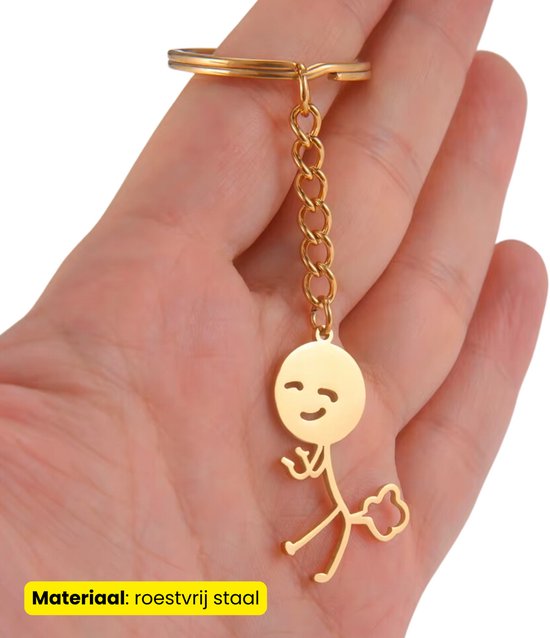 Grappige Scheet Sleutelhanger – RVS - Blij Poppetje in Goud – Uniek Cadeau – Humoristisch Accessoire - Tassenhanger - Sleutel Hanger Roestvrij Staal