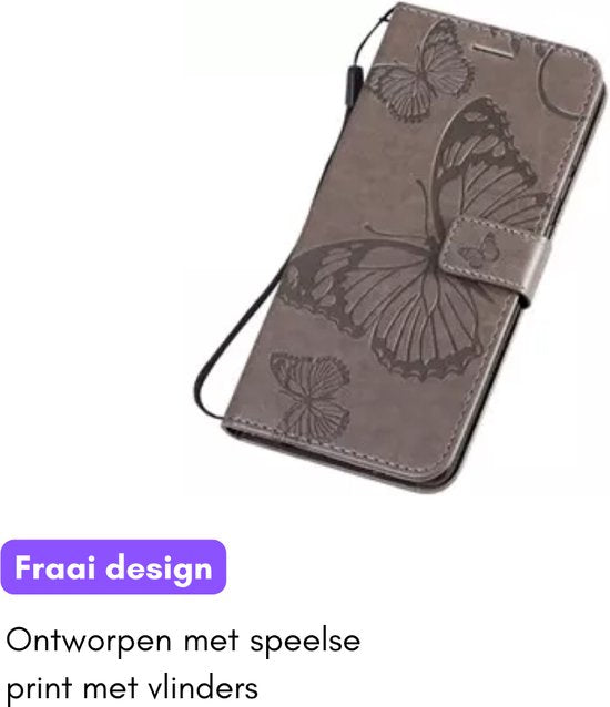 Hoesje Vlinders Grijs - Geschikt voor Samsung Galaxy A35 - Portemonnee Book Case - Boekje Met Kaarthouder / Pasjeshouder en Magneetsluiting - Booklet Beschermhoes - Boekhoesje met Draagkoord