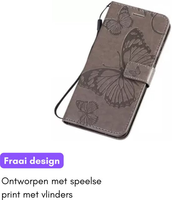 Hoesje Vlinders Grijs - Geschikt voor Samsung Galaxy S23 FE  - Portemonnee Book Case - Boekje Met Kaarthouder / Pasjeshouder en Magneetsluiting - Booklet - Wallet Beschermhoes - Telefoonhoesje