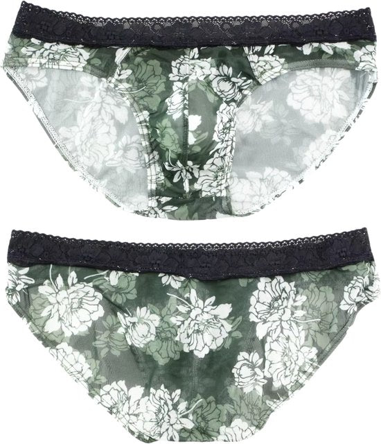 Heren Slip Doorzichtig met Bloemen - Mesh Slip Gebloemd Groen & Wit - Sexy Transparant Design - Mannen Onderbroek - Lingerie Voor Mannen - Ondergoed Maat XXL / 2XL