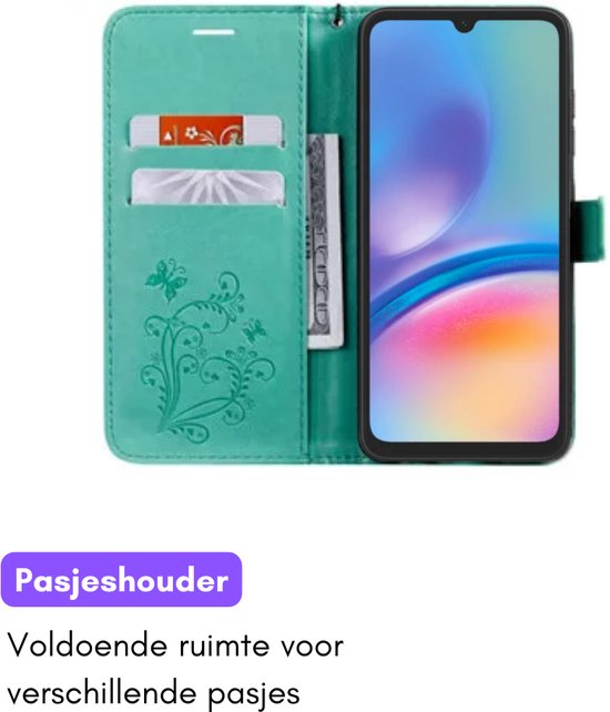 Hoesje Vlinders Groen geschikt voor Samsung Galaxy A05s - Portemonnee Book Case - Boekje Met Kaarthouder / Pasjeshouder en Magneetsluiting - Booklet - Wallet Beschermhoes - Telefoonhoesje