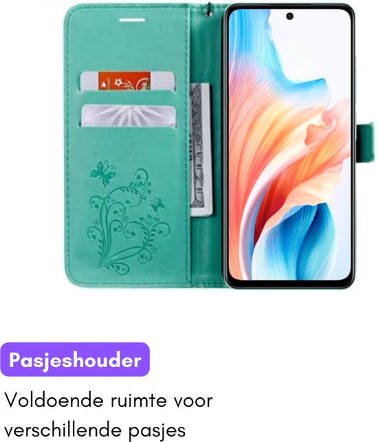 Hoesje Vlinders Groen geschikt voor OPPO A79 5G - Portemonnee Book Case - Boekje Met Kaarthouder / Pasjeshouder en Magneetsluiting - Booklet - Wallet Beschermhoes - Telefoonhoesje