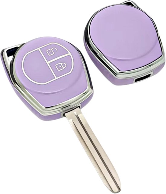 Zachte TPU Sleutelcover - Sleutelhoesje Geschikt voor Suzuki Swift / Grand Vitara / SX4 / Vitara / Jimny / Celerio - Paars met Zilver - Key Cover - Auto Accessoires