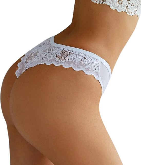 Sexy Brazilian Dames String - Kant - Wit - Dames Lingerie / Ondergoed - Maat L