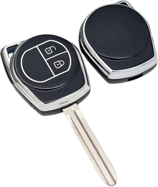 Zachte TPU Sleutelcover - Sleutelhoesje Geschikt voor Suzuki Swift / Grand Vitara / SX4 / Vitara / Jimny / Celerio - Zwart met Zilver - Key Cover - Auto Accessoires