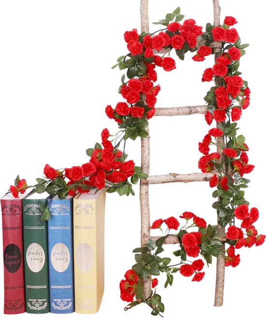 Bloemenslinger Fiets en Interieur - 69 Mini Rozen Rood - Stijlvolle Bloemenstreng voor Fietsmand of Stuur - 180 CM Bloemen - Plastic Kunstbloemen Fiets Slinger