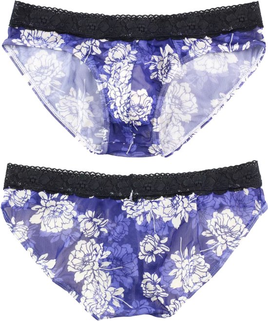 Heren Slip Doorzichtig met Bloemen - Mesh Slip Gebloemd Blauw & Wit - Sexy Transparant Design - Mannen Onderbroek - Lingerie Voor Mannen - Ondergoed Maat XXL / 2XL
