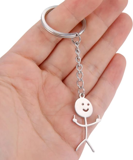 Grappige Sleutelhanger – RVS - Middelvinger Poppetje - Blij Poppetje in Zilver – Uniek Cadeau Accessoire - Tassenhanger - Sleutel Hanger Roestvrij Staal