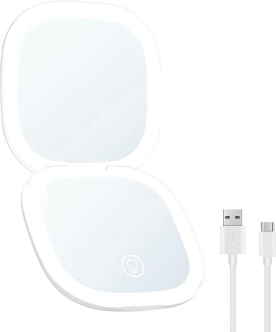 Set Van 2 Compacte Make-up Spiegeltjes Met LED-Verlichting Voor In De Handtas / Toillettas - Ideaal Voor Onderweg - Handzaam Formaat - Inclusief LED Verlichting - Oplaadbaar met USB Kabel- Wit