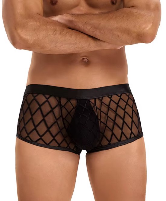 Heren Boxershort Transparant - Boxer Doorzichtig Zwart met Witte Band - Sexy Transparant Design met Ruitmotief - Mannen Onderbroek - Lingerie Voor Mannen - Ondergoed Maat L