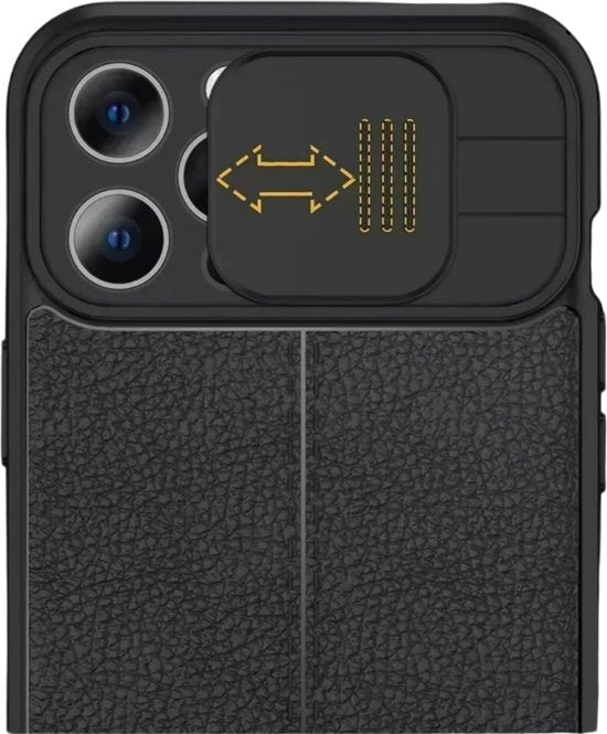Valbestendig Telefoonhoesje - Geschikt voor Apple iPhone 14 Pro Max - Ultra Shockproof - Met Camera Slide Protector - Leer Look - Zwart - Met Extra Dikke Randen