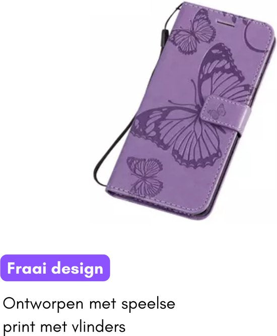 Hoesje Vlinders Paars geschikt voor Samsung Galaxy A05s - Portemonnee Book Case - Boekje Met Kaarthouder / Pasjeshouder en Magneetsluiting - Booklet - Wallet Beschermhoes - Telefoonhoesje