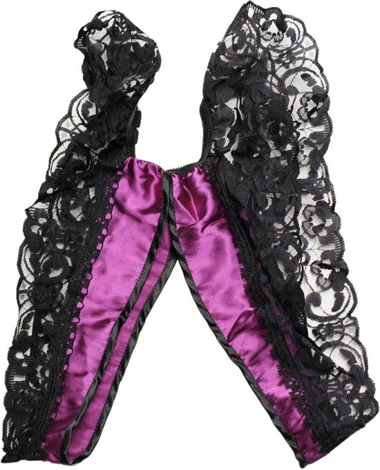 Elbrina Open Kruis String – Paars met Zwart Kant – Verleidelijke en Sexy Dames Lingerie – Comfortabel en Luxe Ondergoed - Maat L