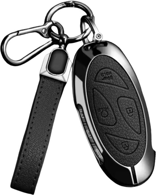 Kunstleren en Metalen Sleutelcover - Sleutelhoesje Geschikt voor Hyundai IONIQ 6 / Grand Prix / GN7 / Kona 5- Zwart - Key Cover met metalen en kunstleren Hanger - Auto Accessoires