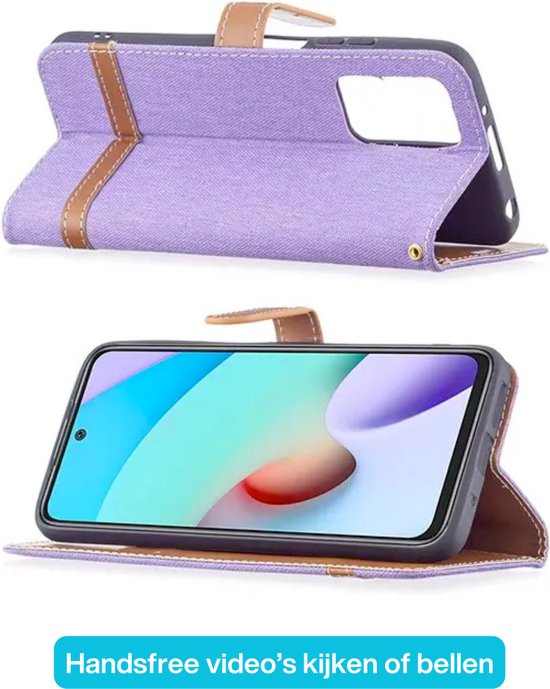 Hoesje Denim Look - Geschikt voor Samsung Galaxy A34 5G - Portemonnee Book Case Paars - Boekje Met Kaarthouder / Pasjeshouder en Magneetsluiting - Booklet Beschermhoes - Boekhoesje met Draagkoord - Mapje