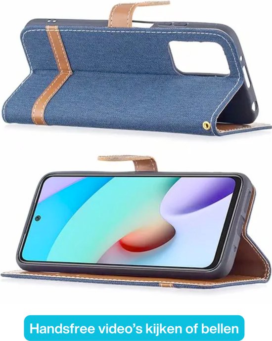 Hoesje Denim Look - Geschikt voor Apple iPhone 15 - Portemonnee Book Case Blauw - Boekje Met Kaarthouder / Pasjeshouder en Magneetsluiting - Booklet Beschermhoes - Boekhoesje met Draagkoord - Mapje
