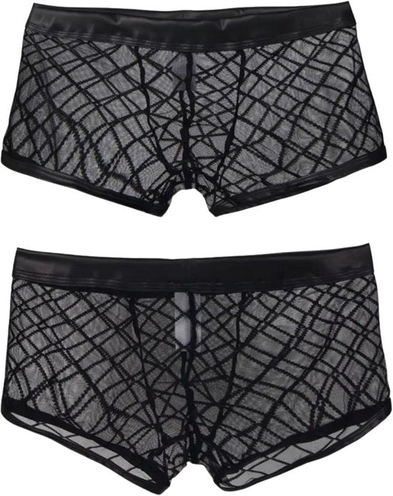 Heren Boxershort Transparant - Boxer Doorzichtig Zwart met Witte Band - Sexy Transparant Design met Ruitmotief - Mannen Onderbroek - Lingerie Voor Mannen - Ondergoed Maat XL
