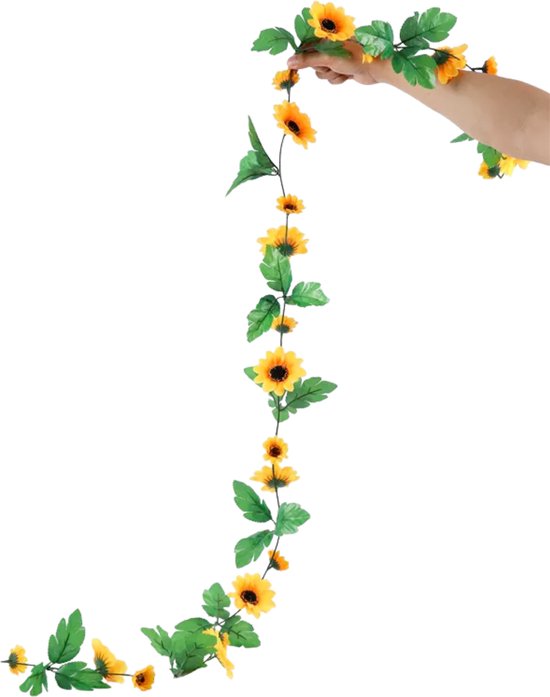 Bloemenslinger Fiets en Interieur - Zonnebloemen Geel Oranje - Stijlvolle Bloemenstreng voor Fietsmand of Stuur - 250 CM Bloemen - Plastic Kunstbloemen Fiets Slinger