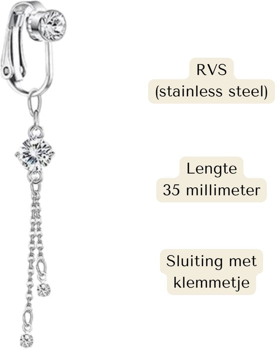 Fake Navelpiercing Zilver - Nep Navelpiercing - Kristal Hanger - Stainless Steel - Piercing Voor Navel zonder Gaatje