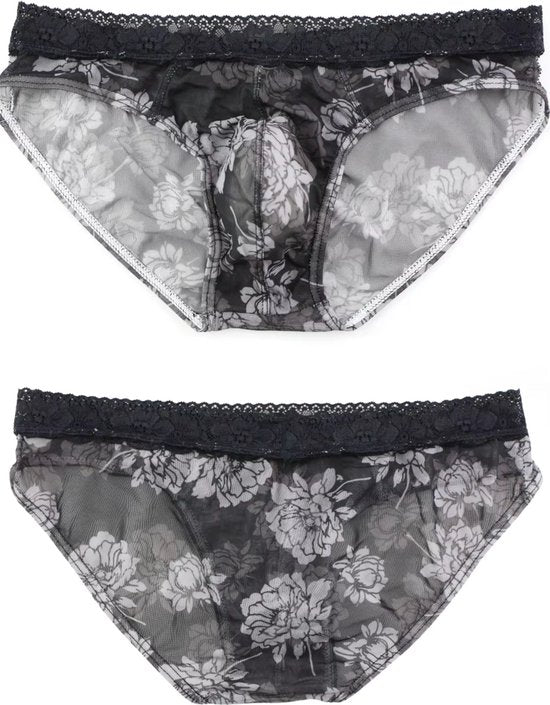 Heren Slip Doorzichtig met Bloemen - Mesh Slip Gebloemd Zwart & Wit - Sexy Transparant Design - Mannen Onderbroek - Lingerie Voor Mannen - Ondergoed Maat L