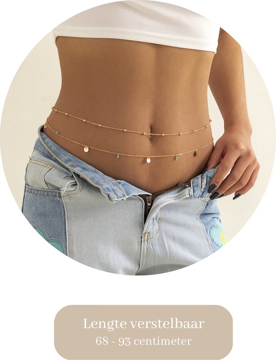 Belly Chain - Goud met Blauwe Accenten - Buikketting Goudkleurig - Zomerse Tailleketting - Heupketting Dames - Dubbele Buik Ketting