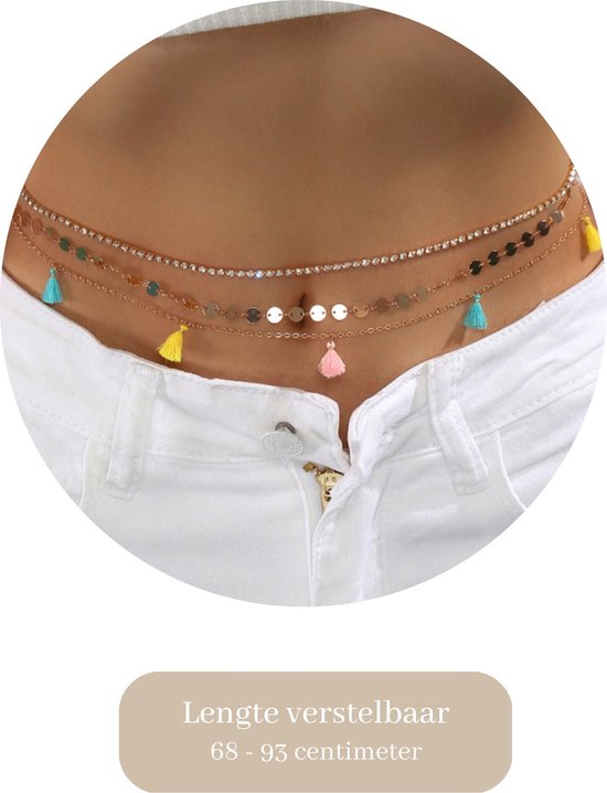Belly Chain - Goud met Gekleurde Flosjes - Buikketting Goudkleurig - Zomerse Tailleketting - Heupketting Dames - Dubbele Buik Ketting