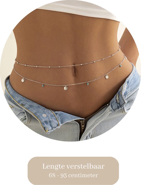Belly Chain - Zilver met Blauwe Accenten - Buikketting Zilverkleurig - Zomerse Tailleketting - Heupketting Dames - Dubbele Buik Ketting