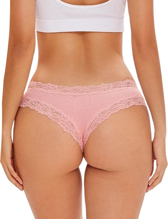 Sexy Dames Slip met Kant - Roze - Onderbroek 95% Katoen - Dames Lingerie / Ondergoed - Brazilian String - Maat M