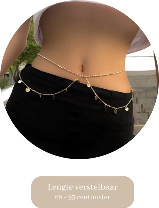 Belly Chain - Goud met Diamantjes - Buikketting Goudkleurig - Zomerse Tailleketting - Heupketting Dames - Dubbele Buik Ketting