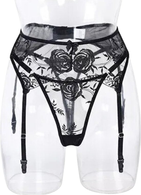 Set van String en Jarretelgordel - Zwart - met Kant en Rozen - Verstelbare Bandjes - Sexy Dames Lingerie - Ondergoed - Maat M